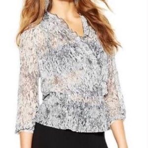 Guess semi sheer gray black snake print faux wrap deep V neck peplum blouse EUC